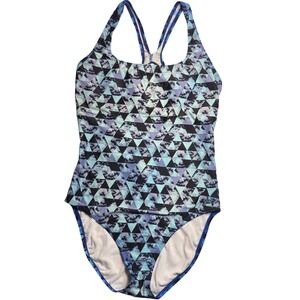 Speedo Womens One Piece Swimsuit Blue Purple Geometric Triangle Racerback Sz 32